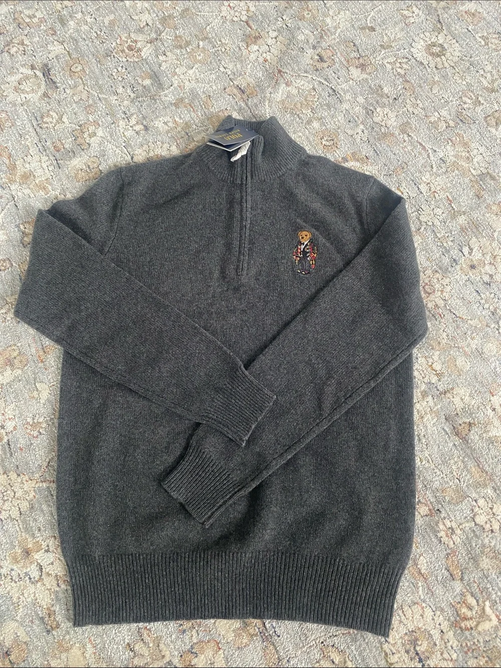 NWT Men’s Polo by Ralph Lauren Charcoal Half-Zip Cashmere Bear Sweater Sz XS